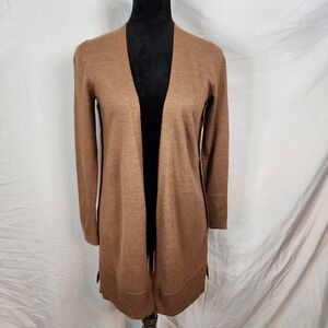 TAHARI Size Small Merino Wool Blend Open‎ Front Knit Brown Button Side Cardigan